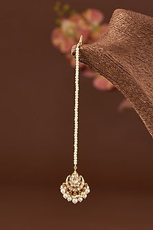 Gold Finish Moissanite Polki & Freshwater Pearl Maangtikka In Sterling Silver