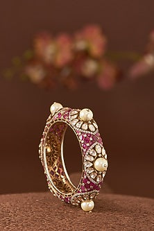 Gold Finish Moissanite Polki & Synthetic Ruby Stone Bangle In Sterling Silver