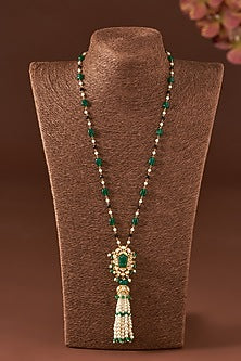 Gold Finish Moissanite Polki & Synthetic Emerald Long Necklace In Sterling Silver