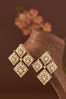 Gold Finish Moissanite Polki & CZ Dangler Earrings In Sterling Silver