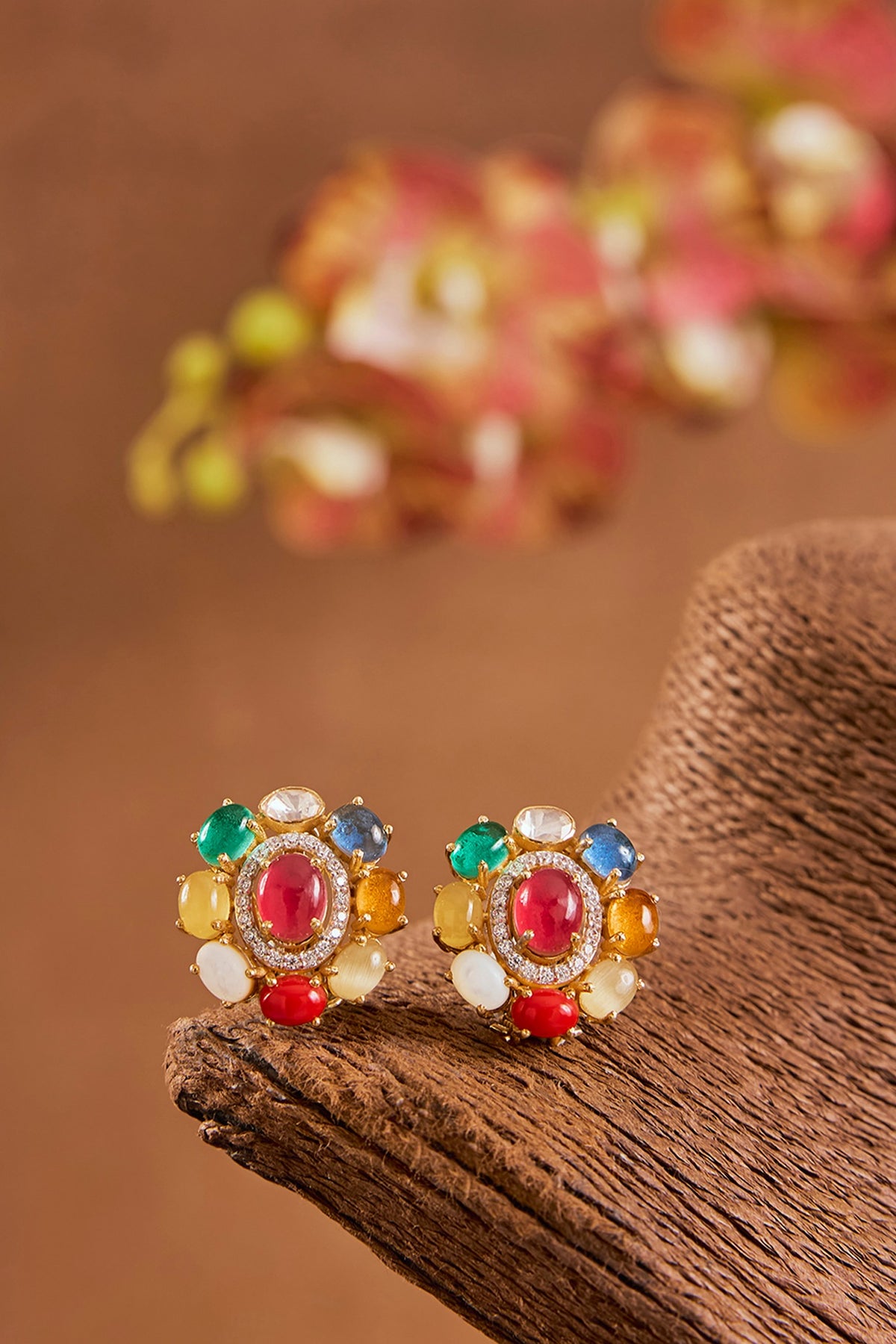 Yellow Gold Finish Ruby & Emerald Pendant Necklace Set In Sterling Silver