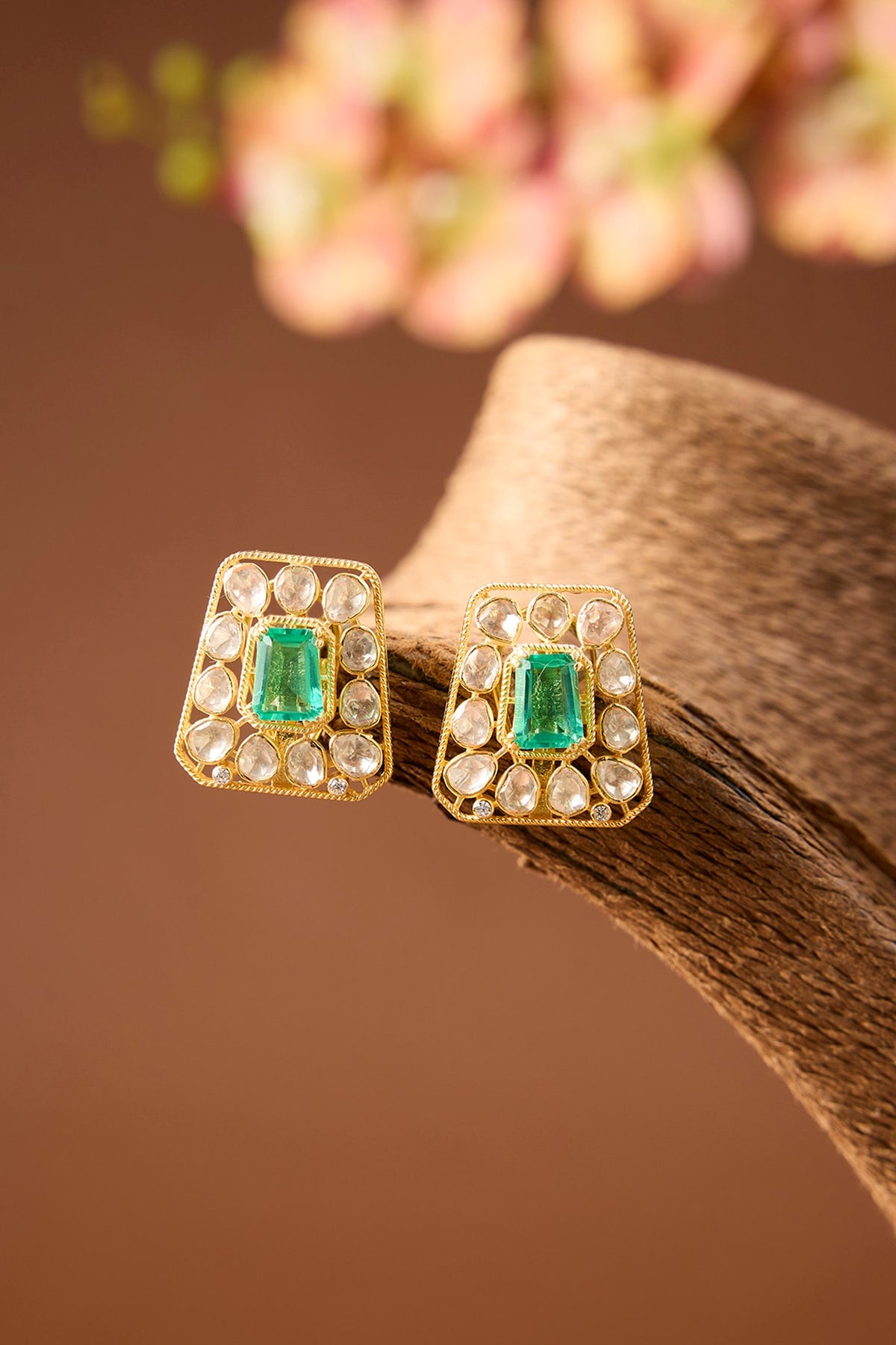 Yellow Gold Finish Moissanite Polki & Emerald Stud Earrings In Sterling Silver