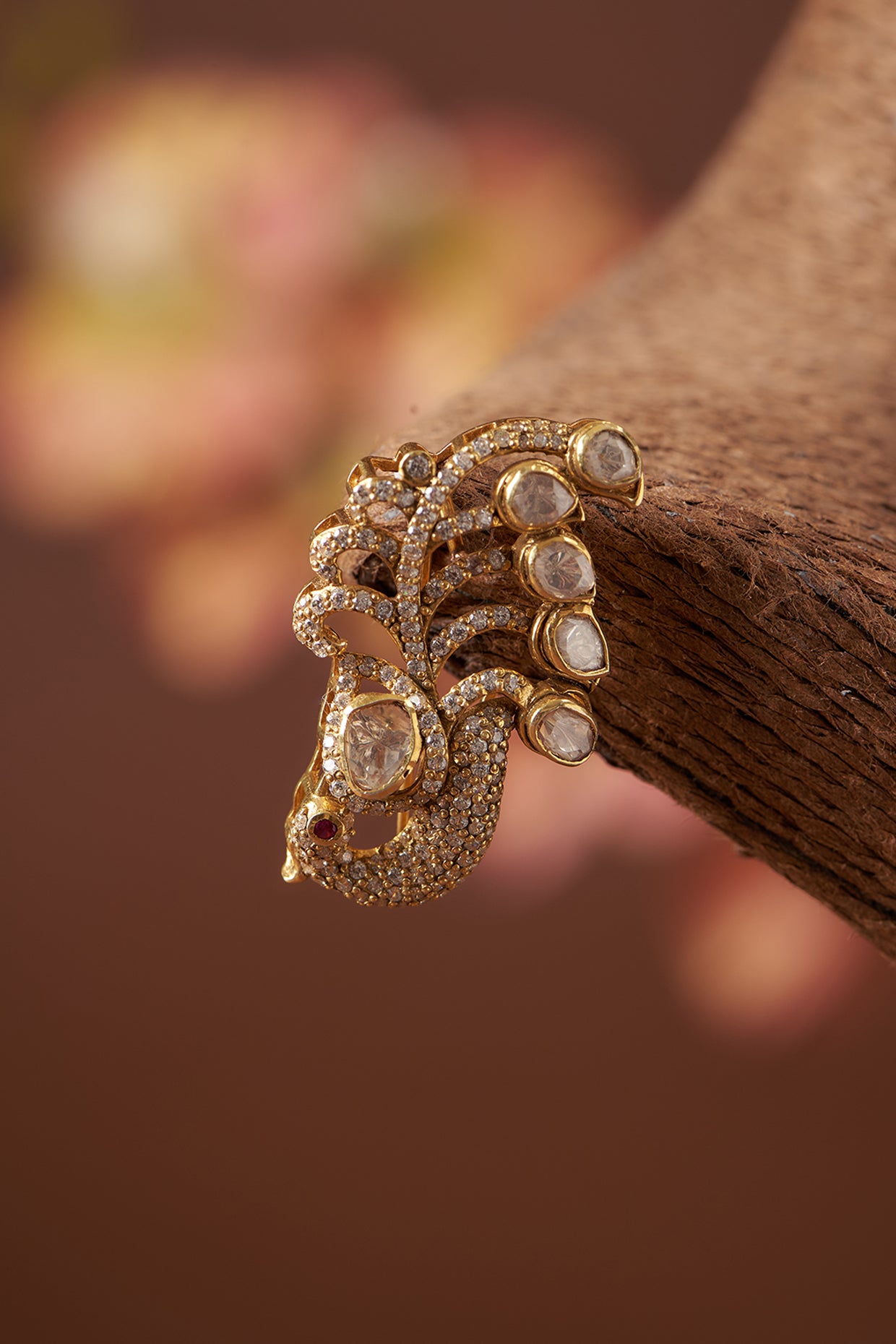 Gold Finish Moissanite Polki & CZ Brooch In Sterling Silver