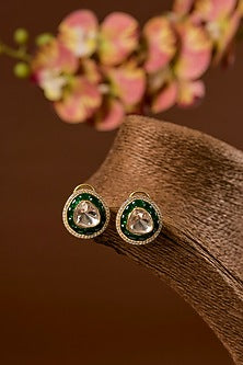 Yellow Gold Finish Moissanite Polki & Emerald Long Necklace Set In Sterling Silver