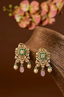 Yellow Gold Finish Moissanite Polki & Emerald Long Necklace Set In Sterling Silver