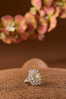 White Gold Finish Eurostar & Yellow Stone Ring In Sterling Silver