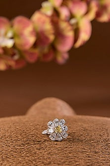 White Gold Finish Eurostar & Yellow Sapphire Ring In Sterling Silver