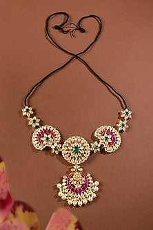 Gold Finish Kundan Polki & Ruby Stone Mathapatti In Sterling Silver