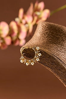 Gold Finish Kundan Polki & Freshwater Pearl Nose Ring In Sterling Silver
