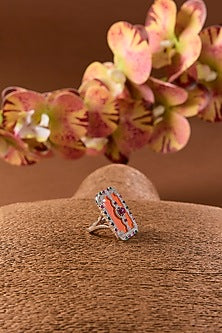 White Finish Ruby & Orange Coral Stone Enameled Long Necklace Set In Sterling Silver