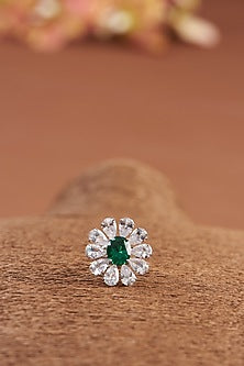 White Finish Zircon & Synthetic Emerald Stone Necklace Set In Sterling Silver