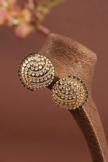 Gold Finish Moissanite Polki & Synthetic Emerald Stud Earrings In Sterling Silver