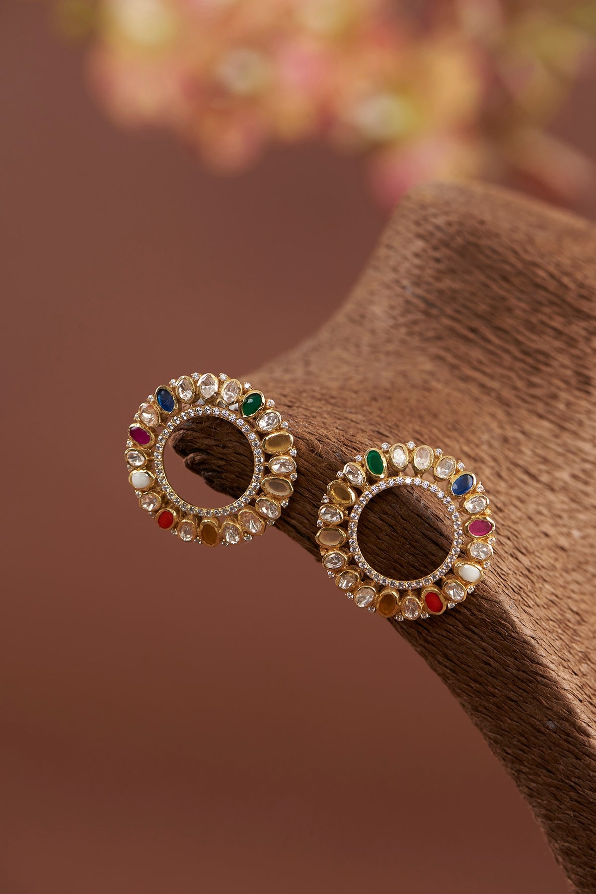 Gold Finish Moissanite Polki & Synthetic Navratna Stone Stud Earrings In Sterling Silver