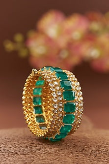 Gold Finish Moissanite Polki & Synthetic Emerald Bangle In Sterling Silver