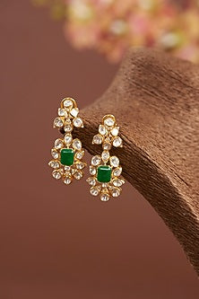 Gold Finish Moissanite Polki & Synthetic Emerald Necklace Set In Sterling Silver