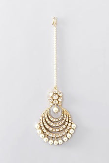 Gold Finish Moissanite Polki & Pearl Maangtikka In Sterling Silver