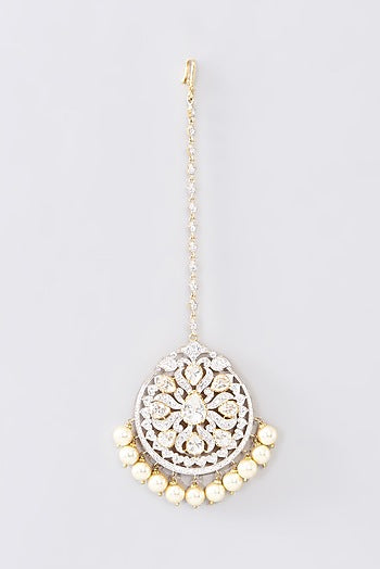 Gold Finish Moissanite Polki & Pearl Maangtikka In Sterling Silver