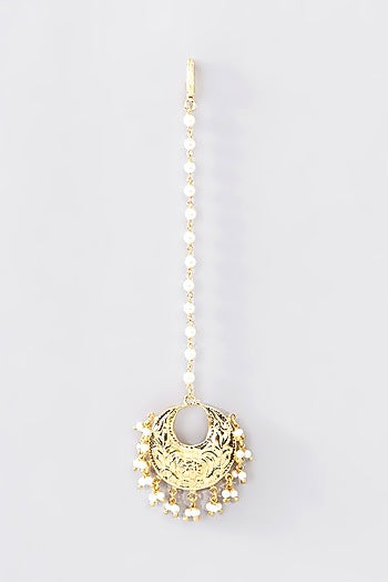 Gold Finish Pearl Temple Maangtikka In Sterling Silver