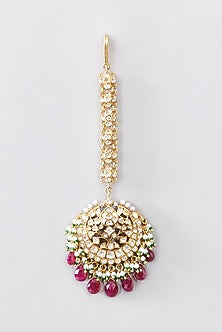 Gold Finish Moissanite Polki & Ruby Maangtikka In Sterling Silver