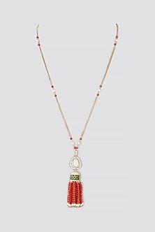 Gold Finish Moissanite Polki & CZ Long Necklace In Sterling Silver
