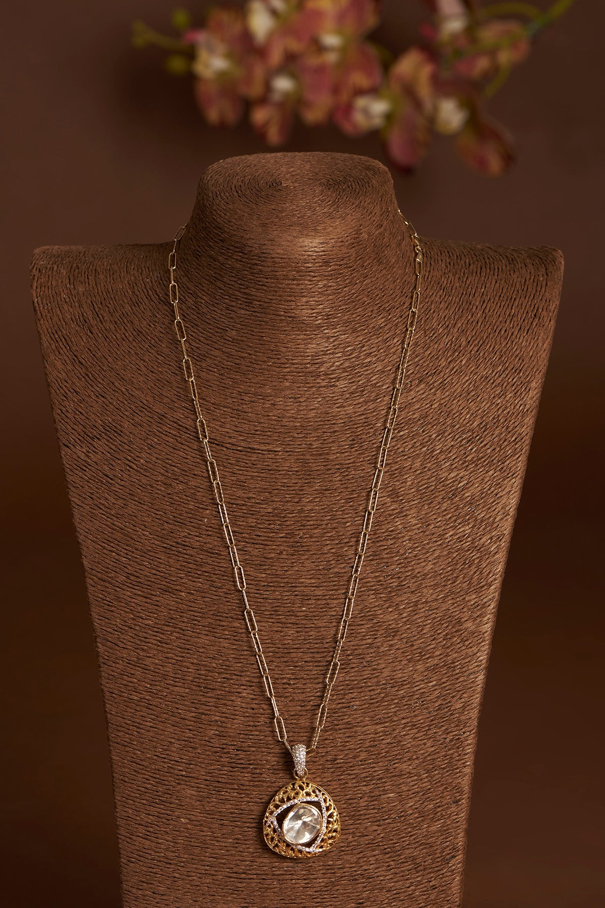 Two-Tone Finish Moissanite Polki & CZ Pendant Necklace In Sterling Silver