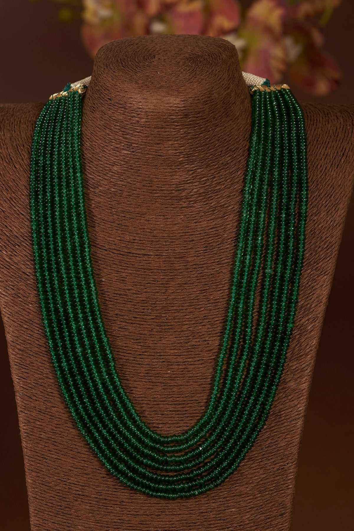 Gold Finish Synthetic Emerald Long Necklace In Sterling Silver