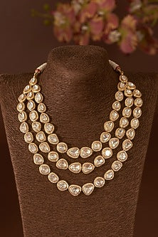 Gold Finish Moissanite Polki & Eurostar CZ Layered Necklace In Sterling Silver