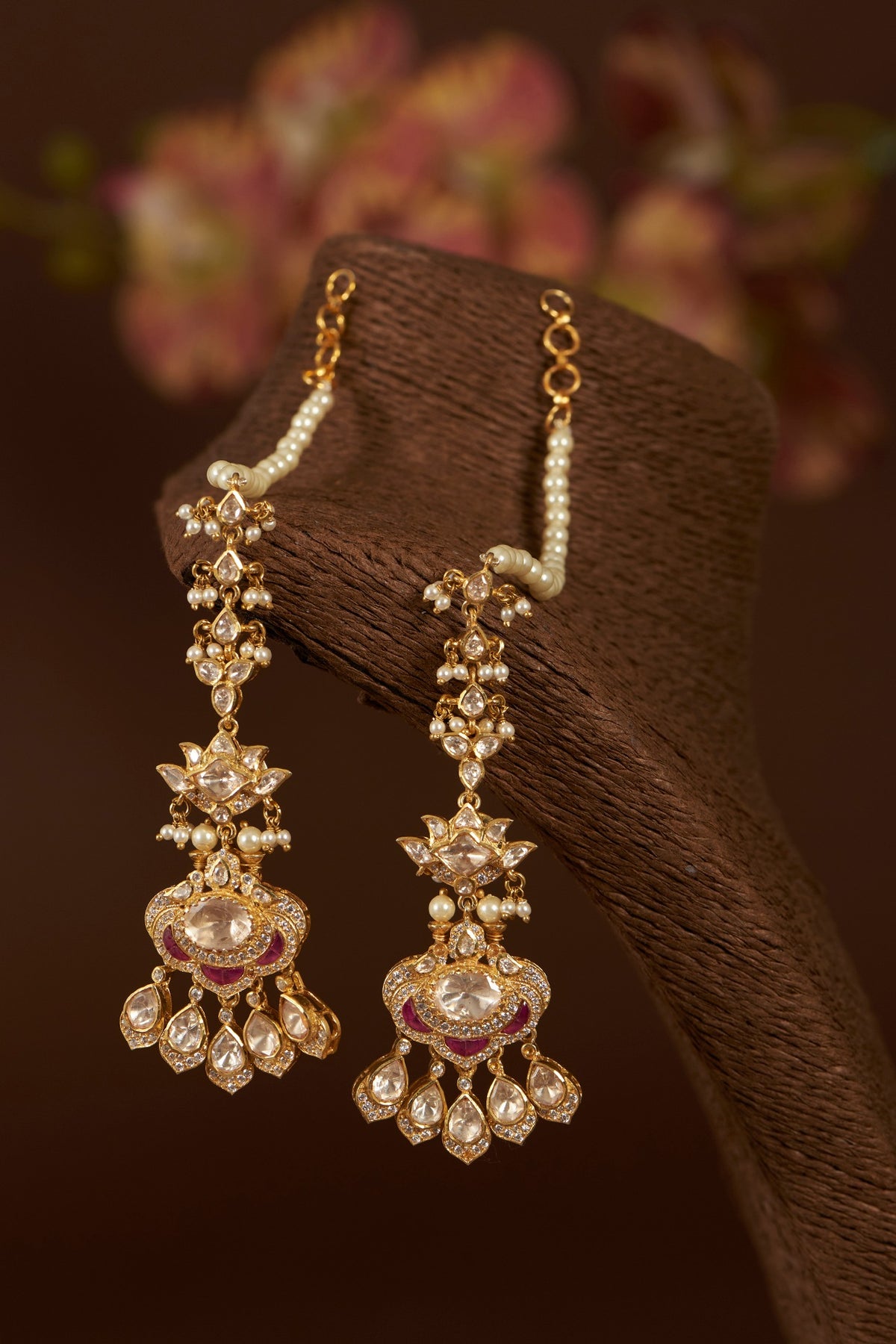 Gold Finish Moissanite Polki & Synthetic Ruby Long Necklace Set In Sterling Silver