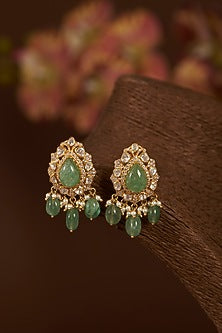 Gold Finish Moissanite Polki & Synthetic Emerald Long Necklace Set In Sterling Silver