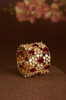 Gold Finish Moissanite Polki & Synthetic Ruby Bangle In Sterling Silver
