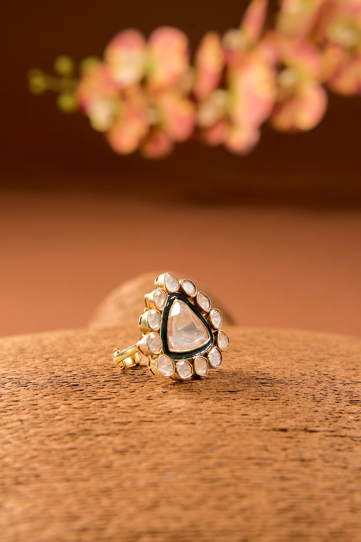 Gold Finish Kundan Polki Ring In Sterling Silver