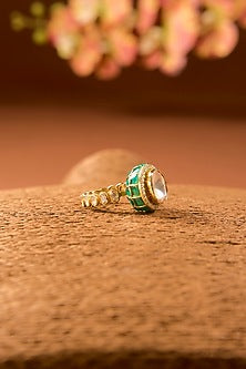 Gold Finish Green Kundan Polki Ring In Sterling Silver