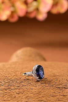 White Finish Zircon & Blue Sapphire Stone Ring In Sterling Silver