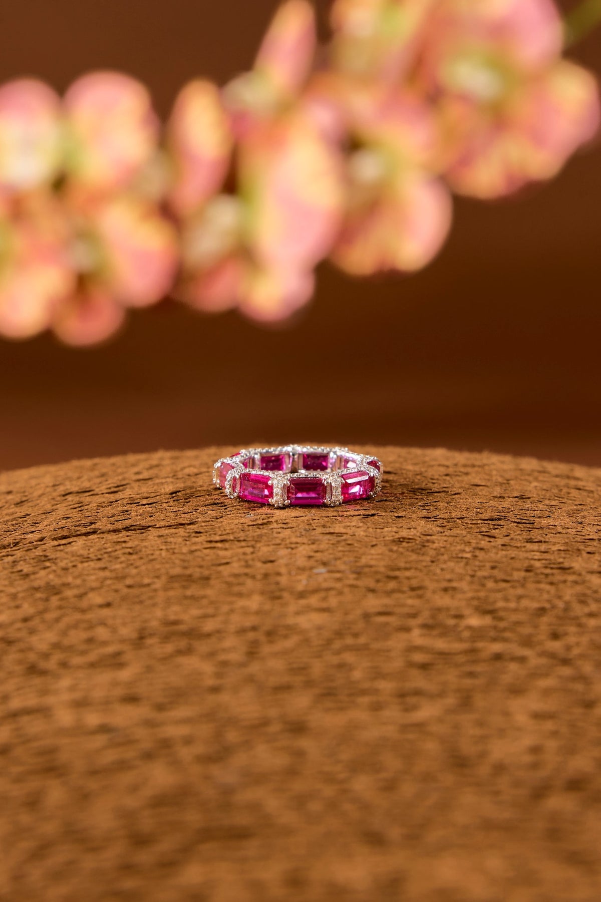 White Finish Zircon & Ruby Stone Ring In Sterling Silver