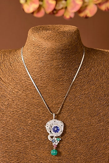 White Finish Zircon & Emerald Stone Necklace In Sterling Silver