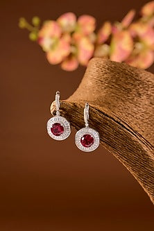 White Finish Zircon & Ruby Stone Stud Earrings In Sterling Silver