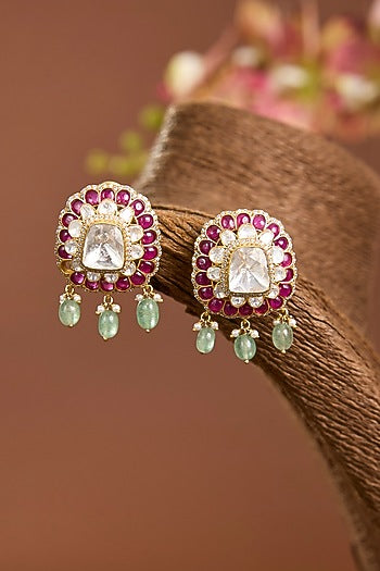 Yellow Gold Finish Moissanite Polki & Ruby Stone Stud Earrings In Sterling Silver