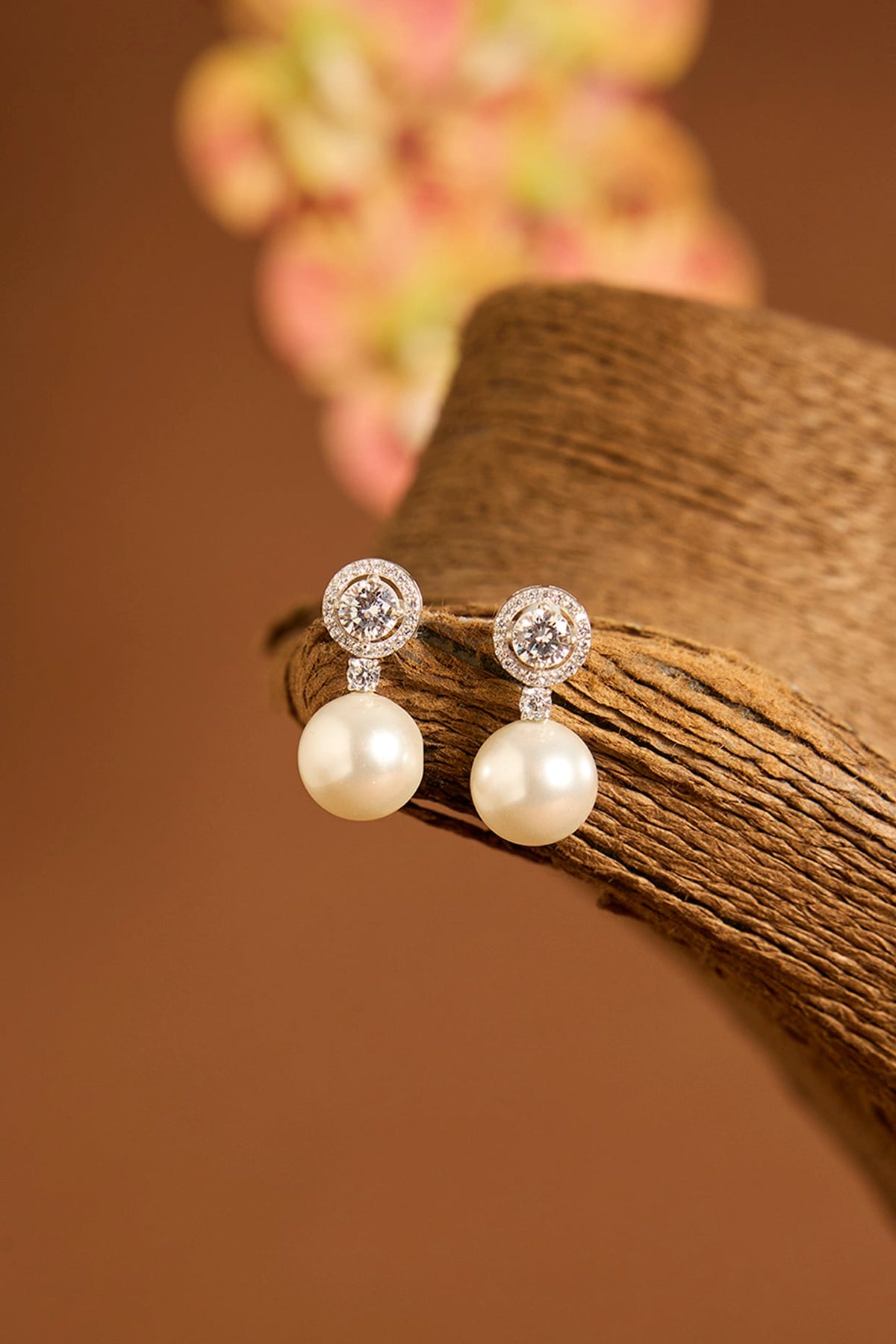 White Gold Finish Swarovski & Pearl Stud Earrings In Sterling Silver
