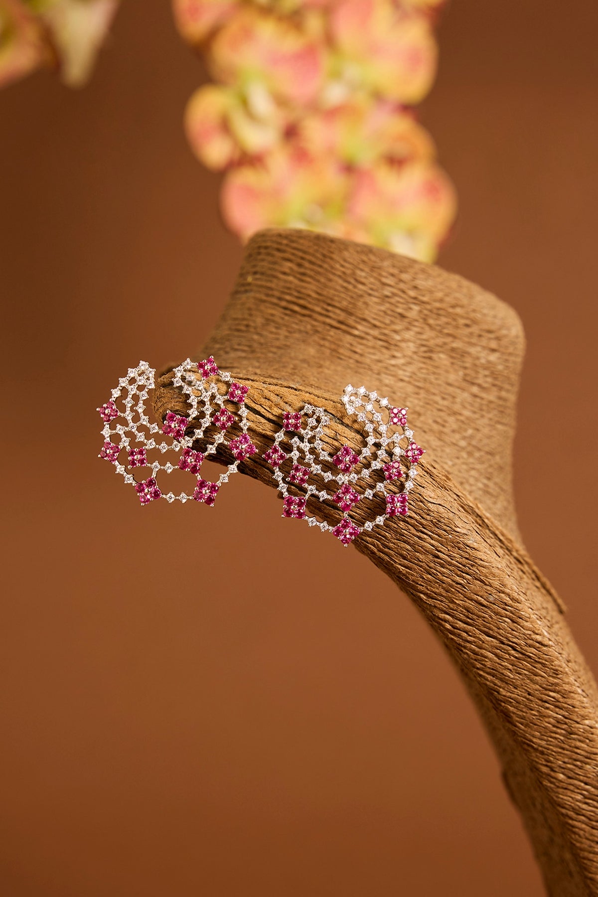 White Gold Finish Swarovski & Ruby Stud Earrings In Sterling Silver