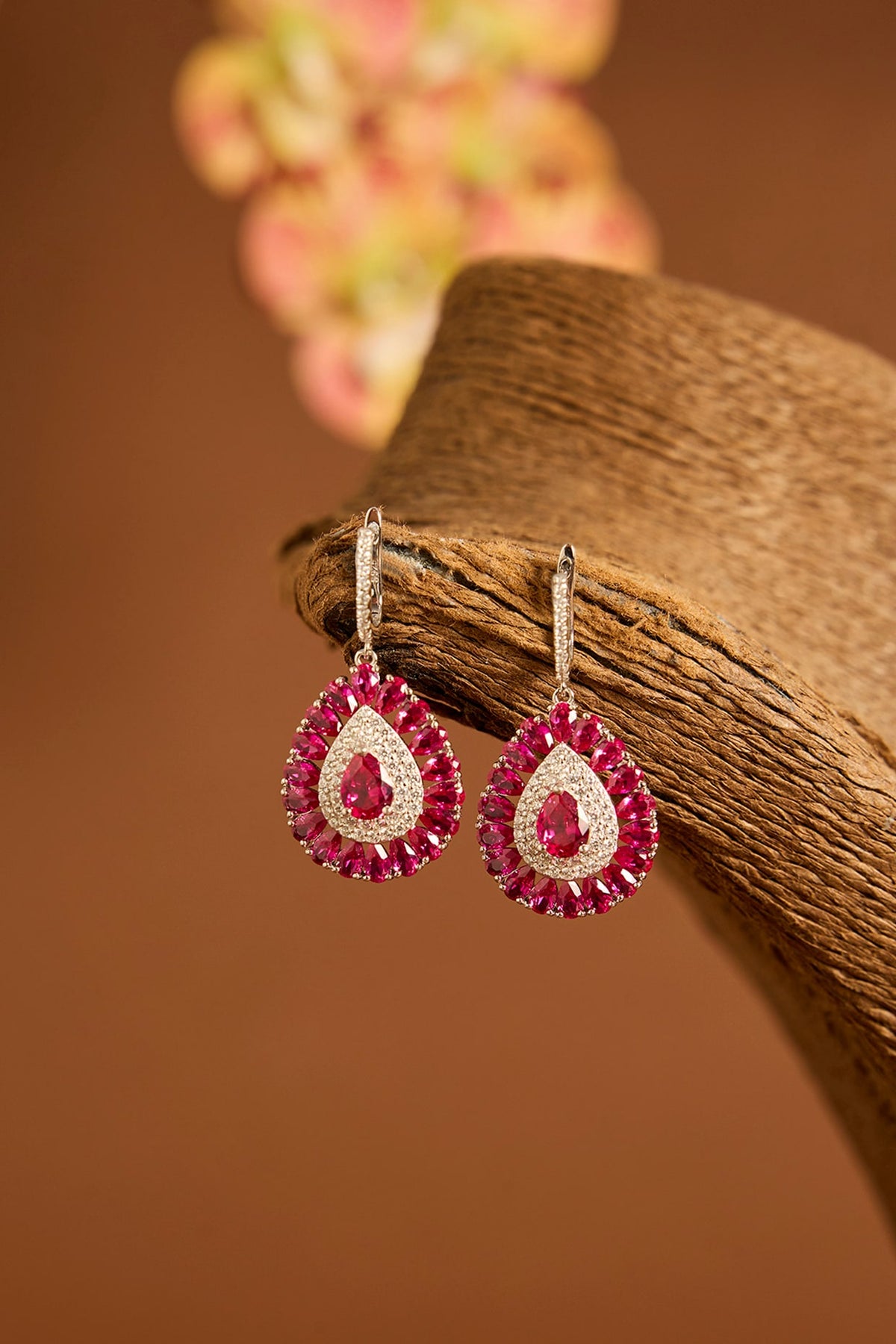 White Gold Finish Swarovski & Ruby Stud Earrings In Sterling Silver