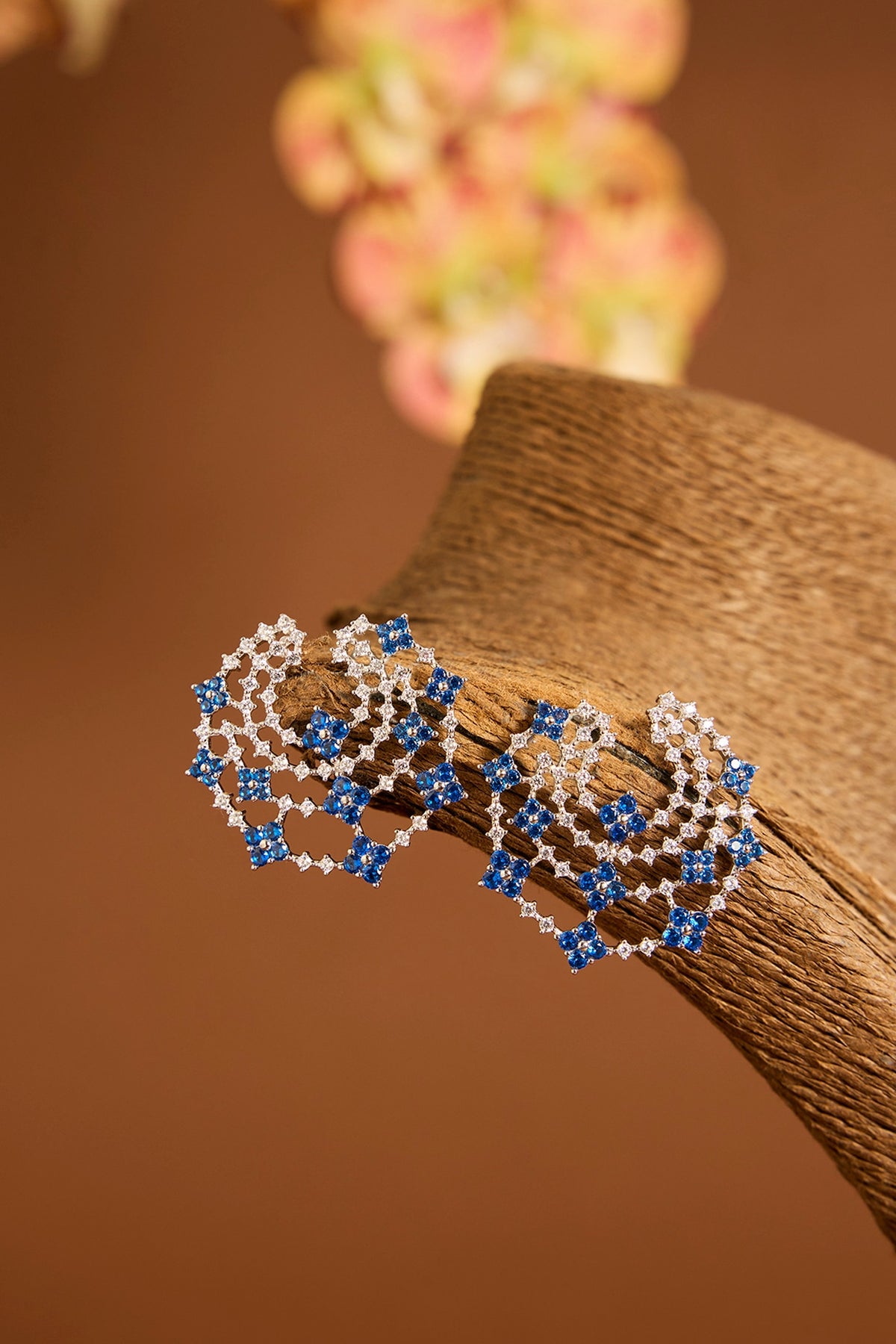 White Gold Finish Swarovski & Sapphire Stud Earrings In Sterling Silver