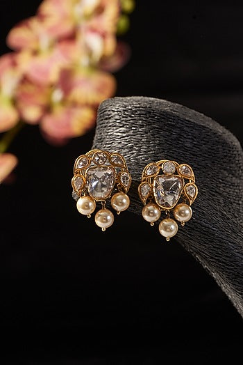 Gold Finish Pearl & Moissanite Polki Dangler Earrings In Sterling Silver