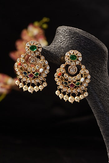 Gold Finish Moissanite Polki & Synthetic Navratna Stone Dangler Earrings In Sterling Silver