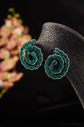 White Finish Synthetic Emerald Stone & CZ Stud Earrings In Sterling Silver