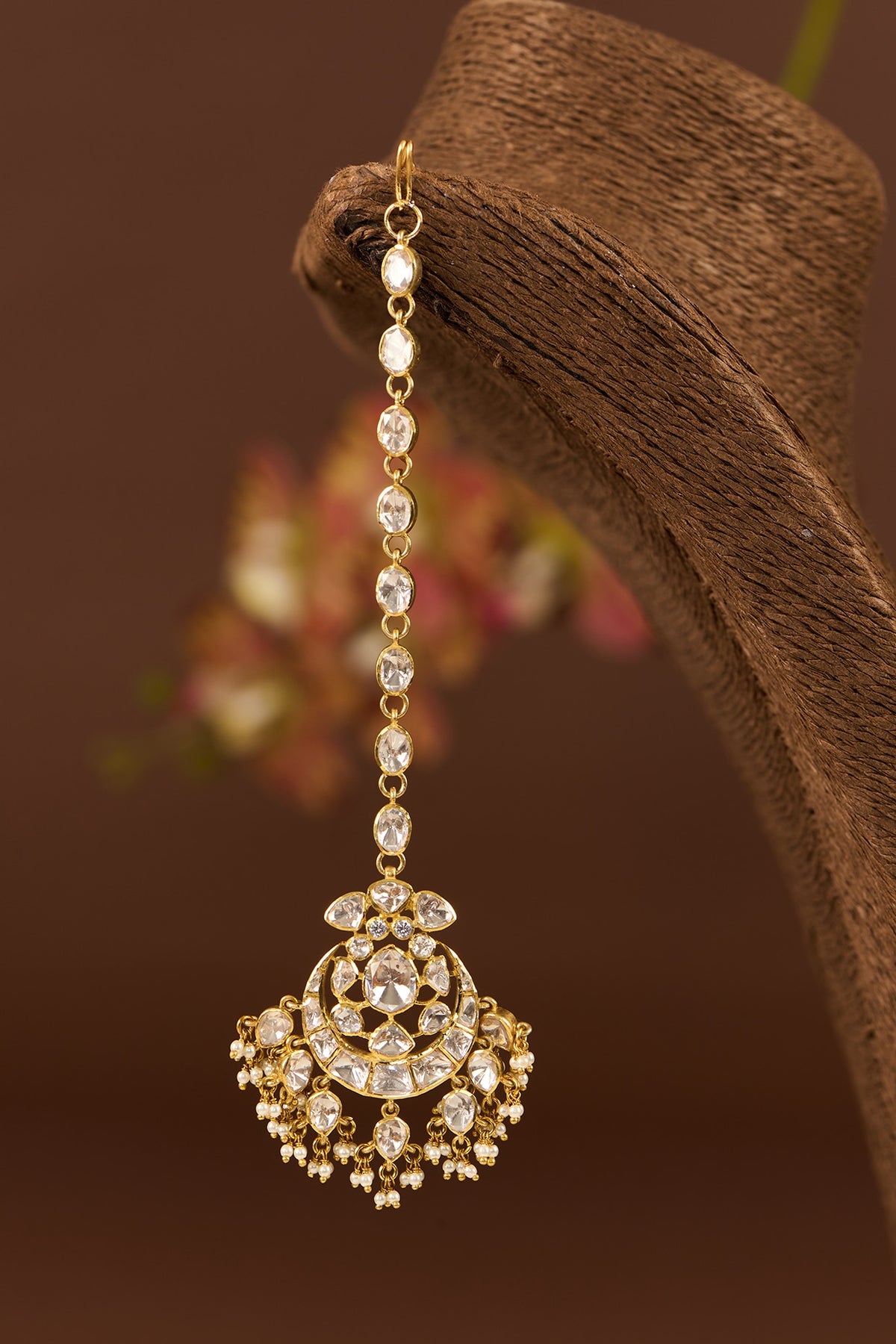 Gold Finish Moissanite Polki & Pearl Maang Tikka In Sterling Silver