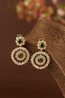 Gold Finish Moissanite Polki & Emerald Dangler Earrings In Sterling Silver