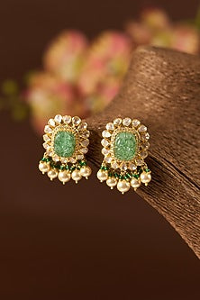 Gold Finish Moissanite Polki & Emerald Long Necklace Set In Sterling Silver