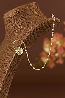 Gold Finish Moissanite Polki & Freshwater Pearl Nose Ring In Sterling Silver