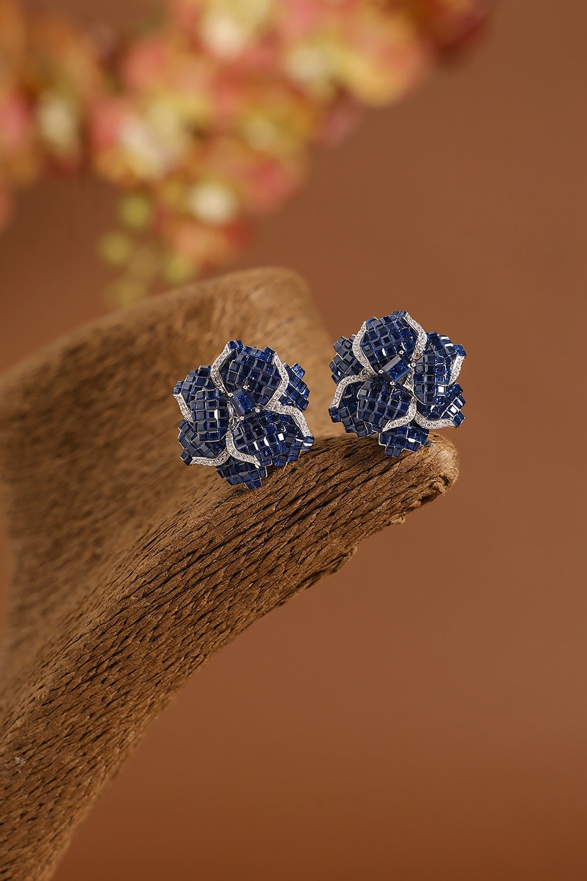 White Gold Finish Swarovski & Sapphire Stud Earrings In Sterling Silver