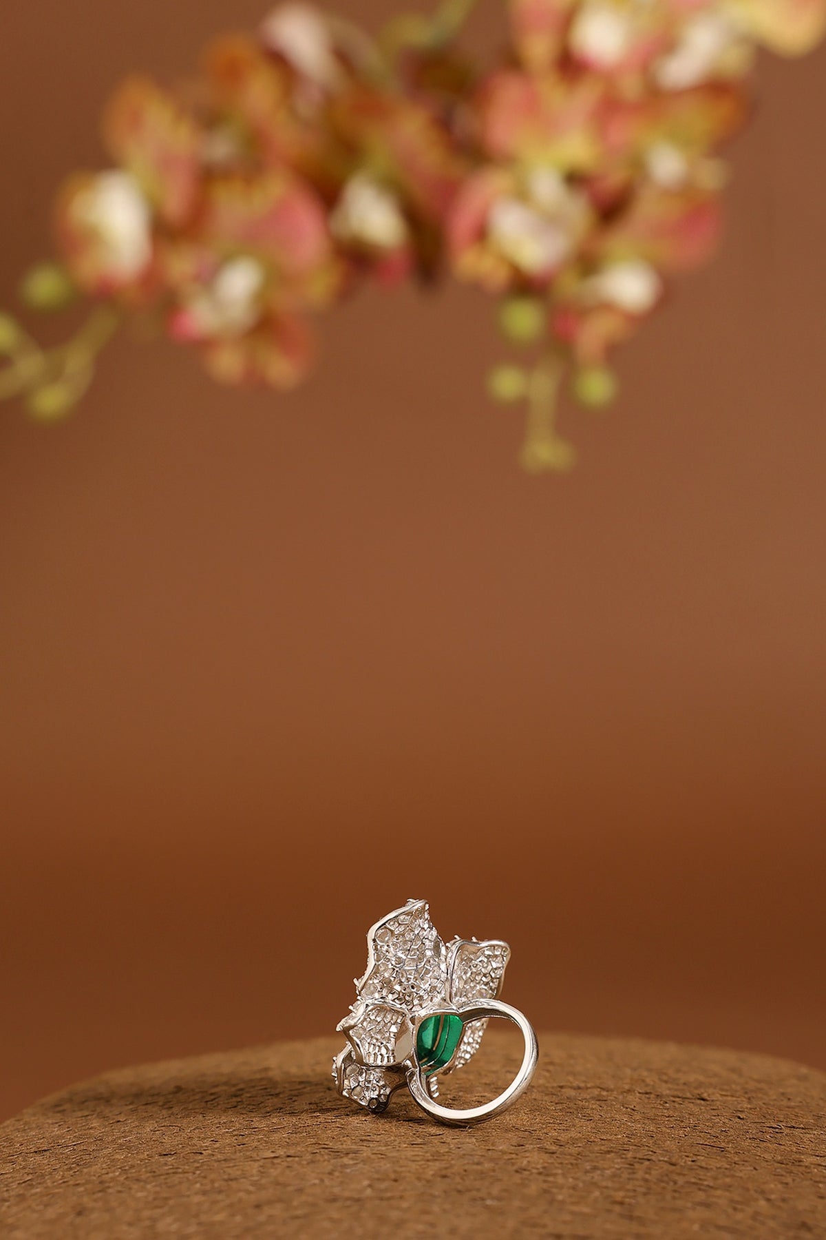 White Gold Finish Swarovski & Emerald Ring In Sterling Silver